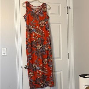 Sleeveless Orange Floral Maxi Dress with Crisscross Neckline Detail